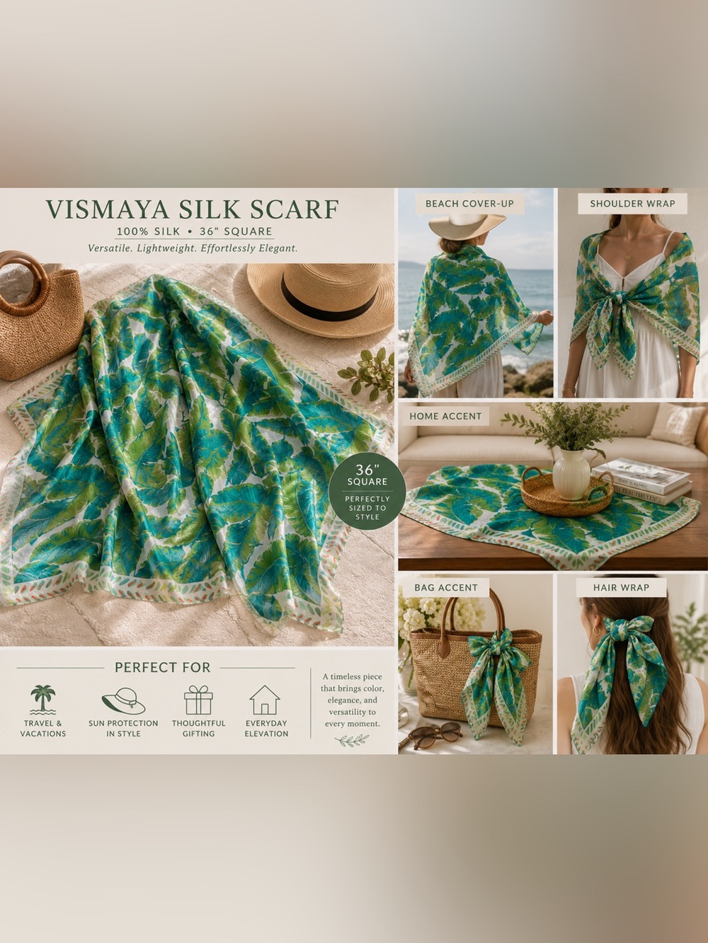 Vismaya 100% Silk Scarf — Green and White Leaf Print